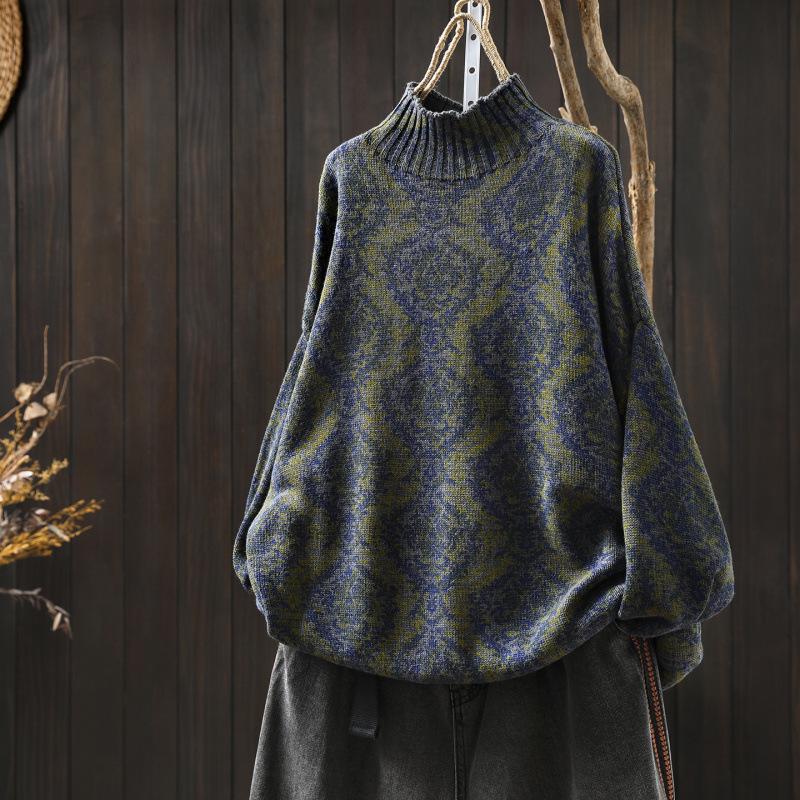 Vintage Ethnic Print Women's Half High Collar Plus Size Loose Knit Sweater for Autumn/Winter