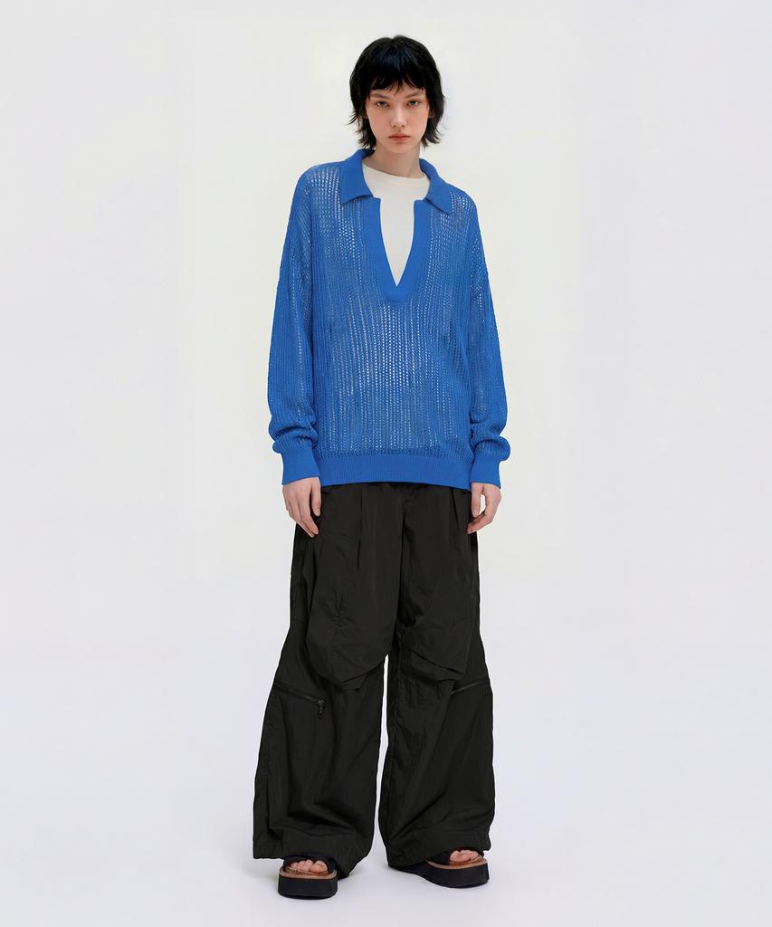 CUTZ Mesh Boucle Open Collar Pullover (Black)