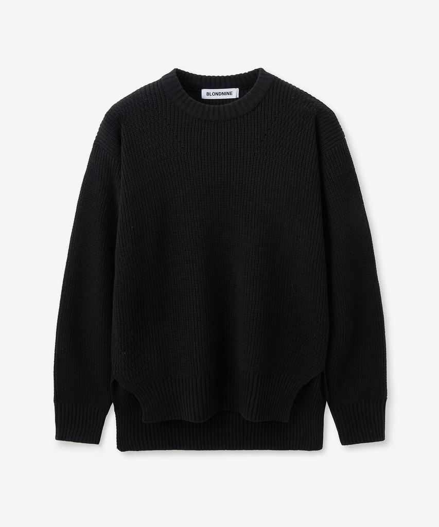 BLOND9 Asymmetrical Wool Crew Neck Pullover_Black