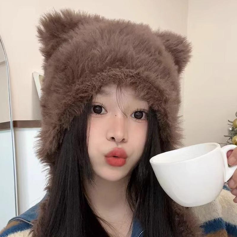 Winter Warm Plush Hat for Women Funny Bear Ear Hat Hooded Skull Hat Outdoor Activity Cap Windproof Headwear Pullover Hat