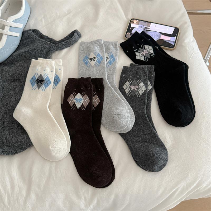 Damen Herbst Winter Verdickte Warme Vintage Rautenmuster Schleife Wollfleece Socken