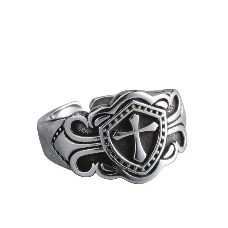 S Nordic Shield Cross Ring for Boys European and American Punk Rock Wide Pasta Ring Silver Jewelry
