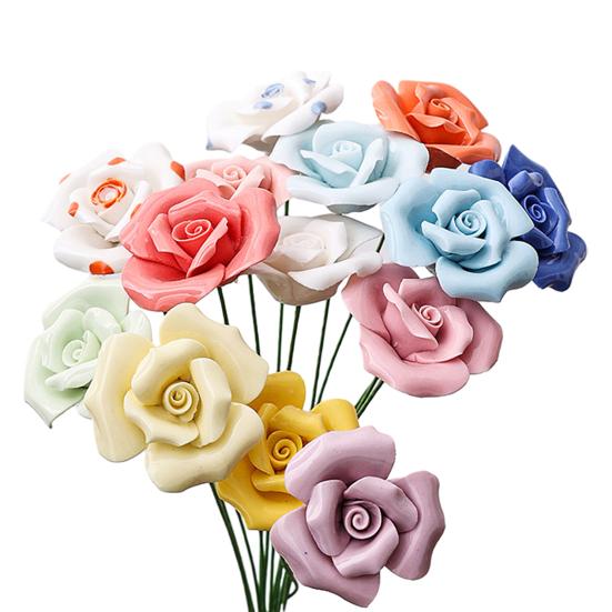Handmade Ceramic Simulation Flower Realistic Fake Colorful Blossom Decoration Artificial Flower with Stem DIY Vase Decoration