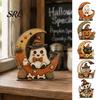 Classroom Halloween Display Pieces Retro Pumpkin Witch Cat Ghost Figurines with Crescent Base, Spooky Wooden Table Ornaments Tabletop Centerpiece for