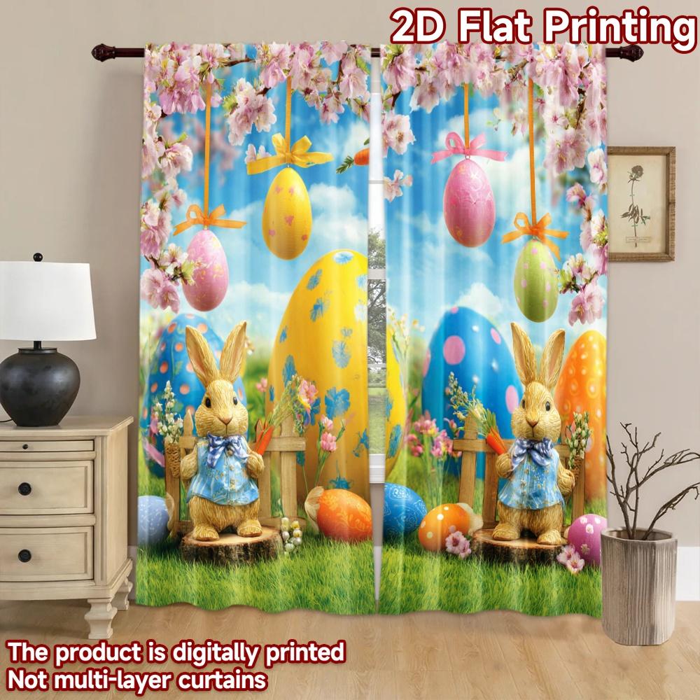 2D Flat Printing 2pcs Scene Curtain Easter Bunny Eggs Spring Garden Digital Printed Polyester Drapes Party Decorations Use for