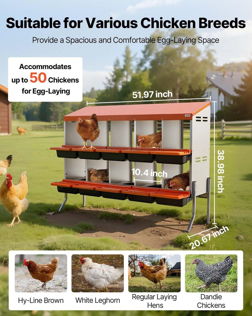 Chicken Nesting Boxes, 10 Compartments, with Support Legs, Easy Egg Collection, Galvanized Steel and High-Strength Plastic, Roll Away Nesting Boxes