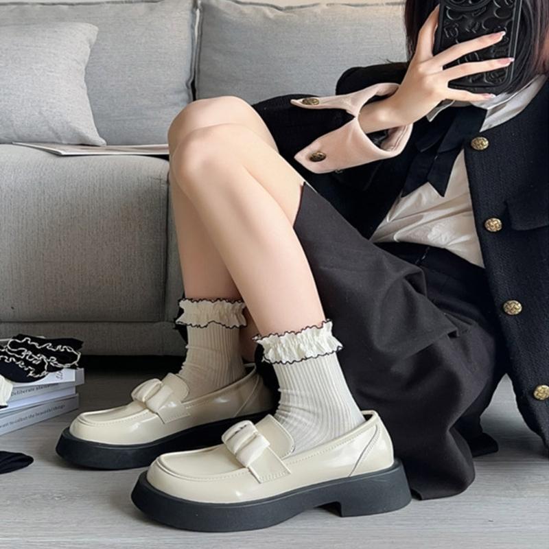 Damen Süße Spitze Rüschen Umschlagbündchen Knöchelsocken Japanischer Stil Damen Mädchen Prinzessin Verspielte Baumwolle Gerippt Mittellange Socken