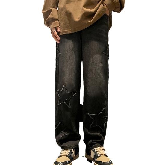 Men Mid-rise Zipper Fly Jeans Oversize Star Aesthetic Pattern Trousers Straight Wide Leg Denim Pants Loose Fit High Street Jeans