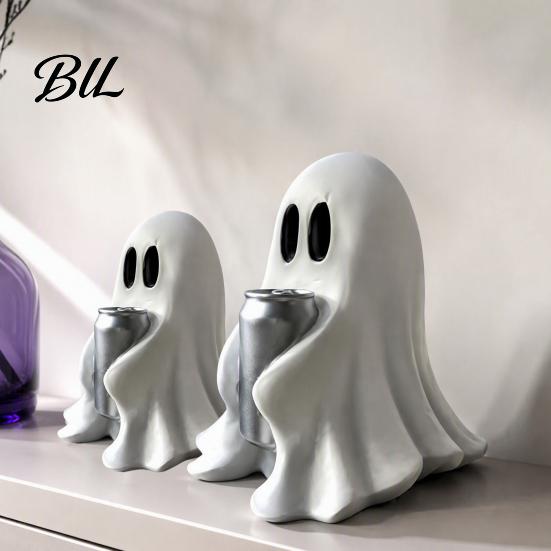 Durable Resin Holiday Ornaments Halloween Ghost Figurine with Drinks, Statue, Cute Spooky Desktop Creative Shaped Ornament for Party Tabletop