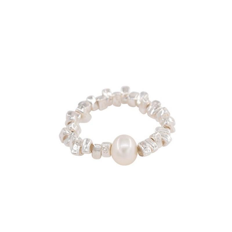 Geometric Pearl Crushed Silver Beaded Women's Retro Romantic Ring - Cool, Trendy, Stackable Ring for Index Finger