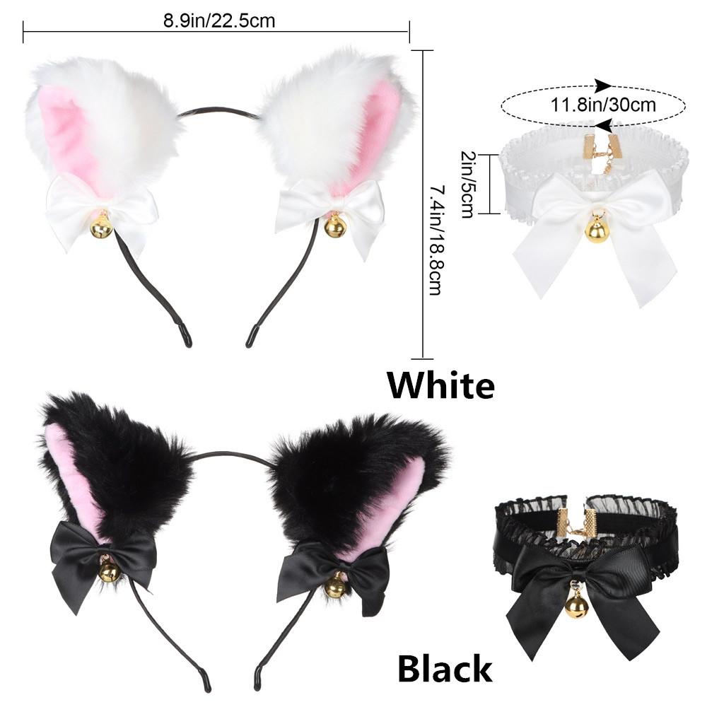 2 st Plysch Katten Öra Pannband Pälsiga Kattöron Cosplay Hårband Smink Bjällror Halsband Kvinnor Flickor