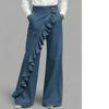 Women's High Waist Wide Leg Pants Asymmetric Ruffle Hem Denim Trousers Vintage Washed Loose Long Jeans 3 Colors