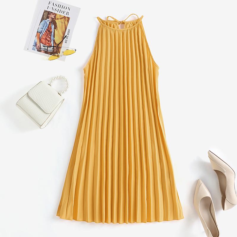 Women Summer Mini Dress Spaghetti Strap Sundress Holiday Party Casual Loose Pleated Suspender Dresses