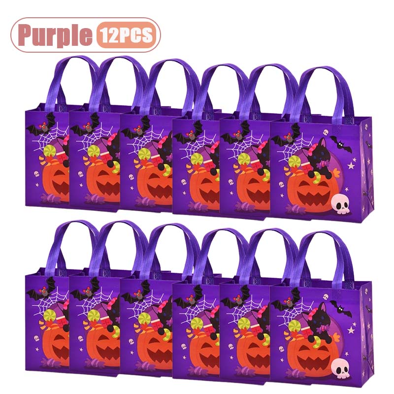 12PCS Halloween Non-Woven Gift Bags Halloween Trick or Treat Candy Bags with Handle for Kids Party Favors Supplies