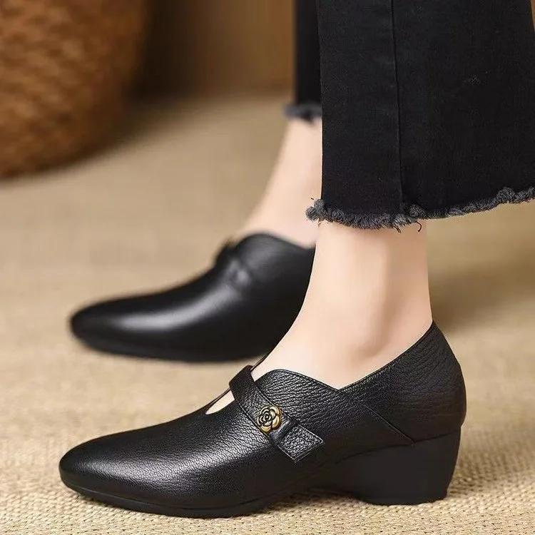 Women Shoes Fashion Pointed Soft Leather Shoe 5cm Height Increasing Single Shoe Non Slip Women Wedges Heeled Shoes Zapatos Mujer