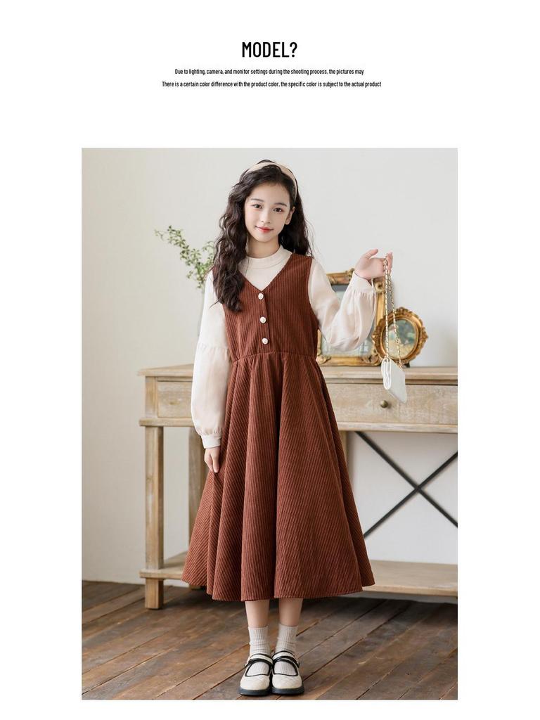 CUHK Girls' Faux Two-Piece Long-Sleeve Princess Dress - Fashionable Autumn/Winter Style