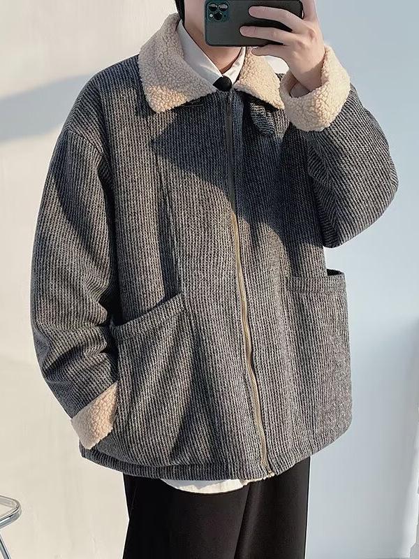 Men's Lambswool Winter Jacket, Velvet-Lined Woolen Coat, Retro American Style, Warm Street Cool Lapel Jacket.