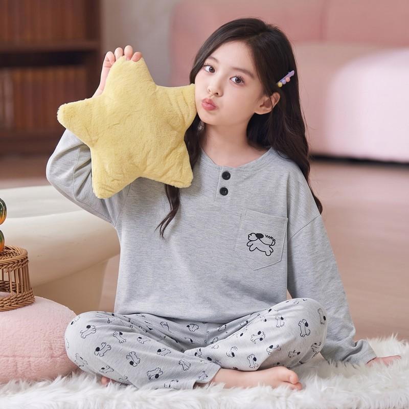 100% Cotton Girls Pajama Set Long Sleeve Round Neck Thin Home Wear Kids 8 Years