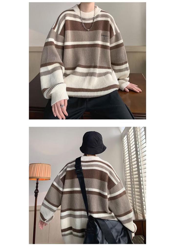 Japanische Retro-Strickware mit Streifen: Unisex Herbst/Winter Lockerer Pullover