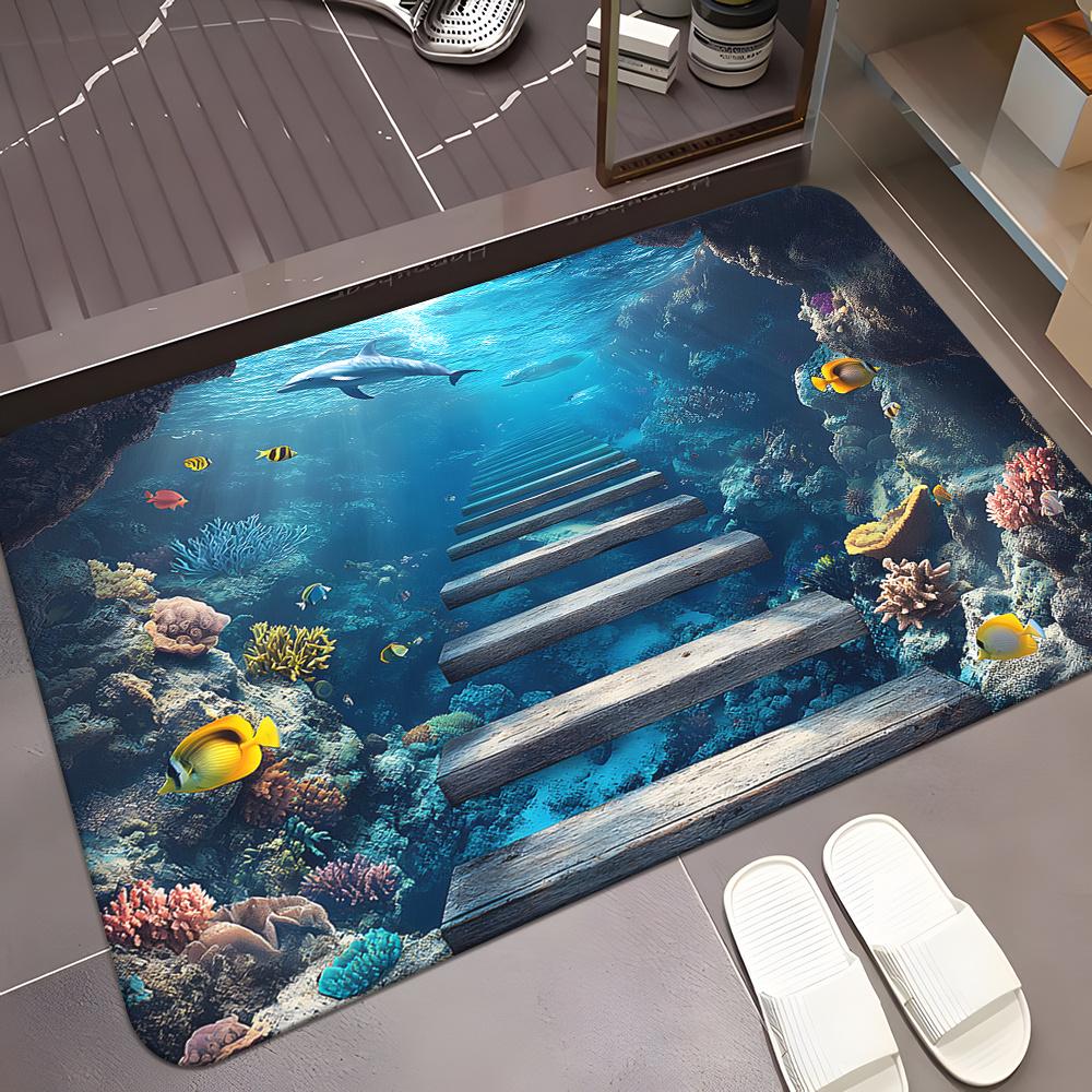3D Unterwasser Koralle Delfin Fußmatte, Mikrofaser Polyester Rutschfeste Saugfähige Maschinenwaschbare Teppich für Mehrraum-Dekor