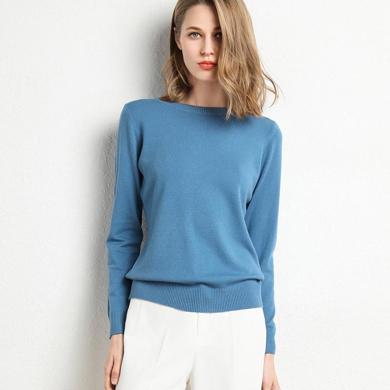 Women Autumn Winter Clothes Solid Round Neck Sweater Jumper Long-sleeved Knitted Pullovers Shirt Female Tops