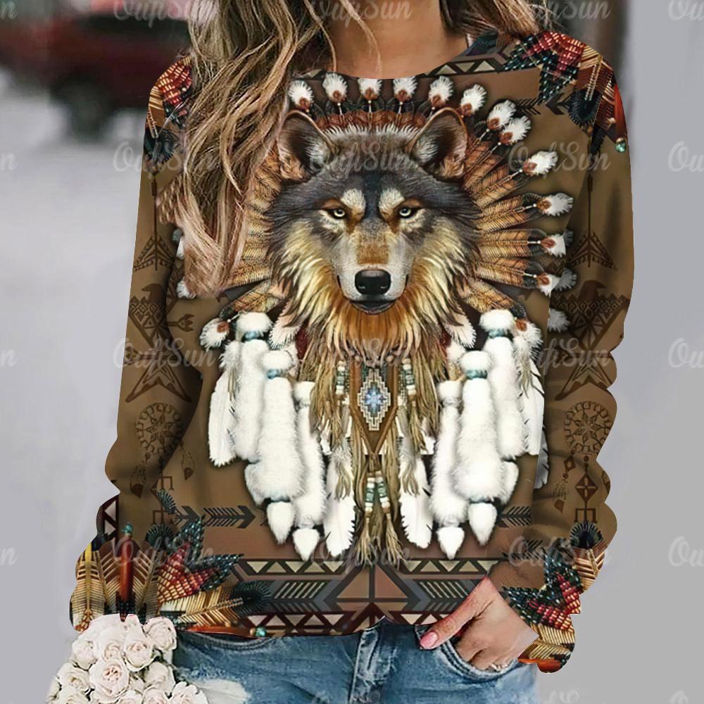 Animal Wolf Print Long Sleeves Vintage Women's T-shirts Tops Fall/Winter Cotton Women Clothing Casual Loose Pullover
