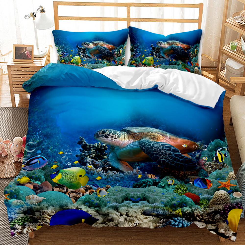 Shark Bedding Set King Size for Girl Boys Tropical Marine Life Ocean Fish Sea Turtle Rainbow Color Coral Polyester Duvet Cover