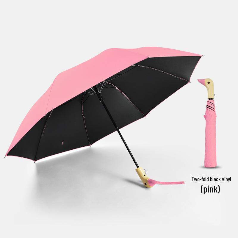 Parapluie Canard Cartoon Mignon Pliable en Deux, Multicolore avec Manche en Bois Semi-Automatique, Plastique Noir Pare-Soleil, Design Petit Canard Jaune.