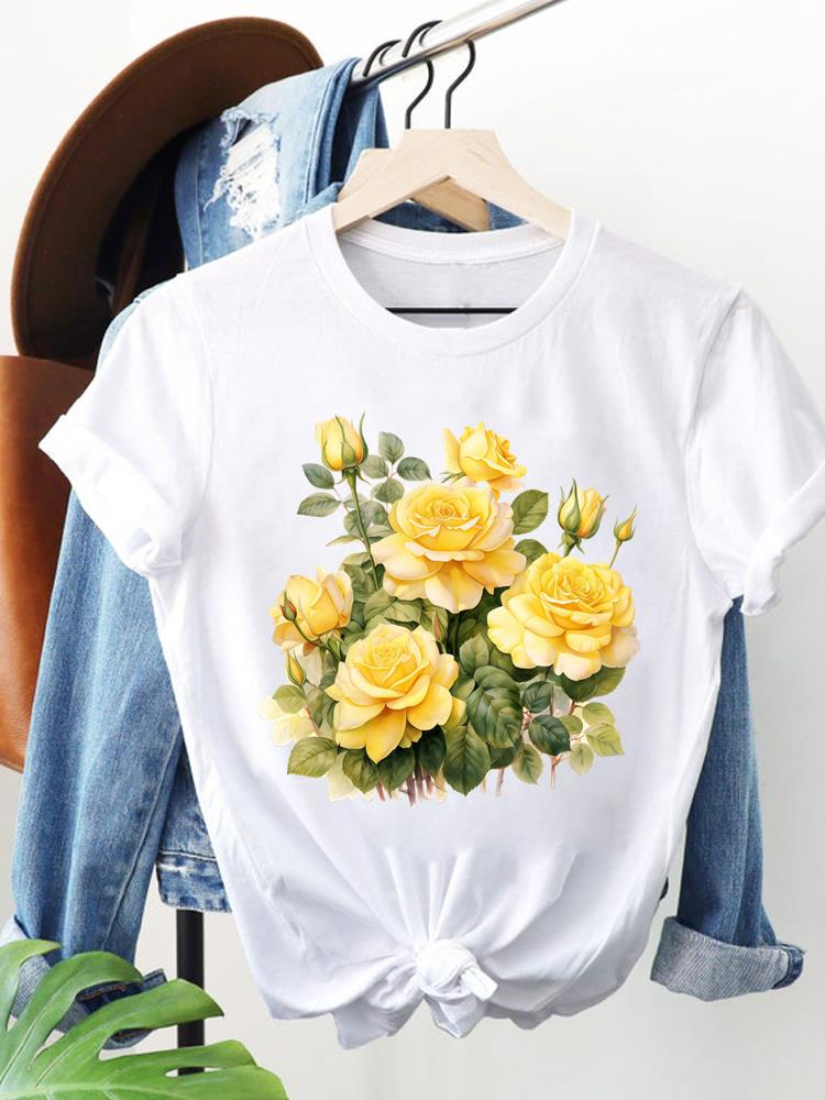(Asiatische Größe) Kleidung T-Shirt Damen Pflanze Blume Trend Mode Tee Oberteil Frau Druck Weiblich Kurzarm Grafik-T-Shirts
