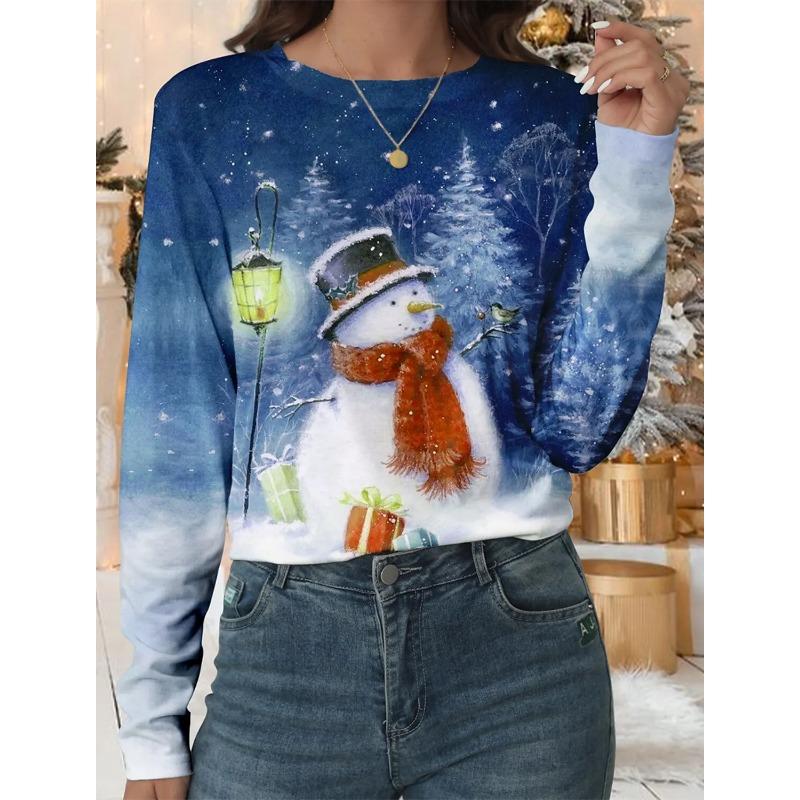 Spring and Autumn Round Neck Christmas Theme 3D Printed Top Fashionable Casual Long Sleeved Women's T-shirts