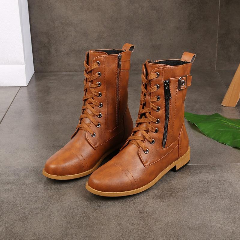 New European and American Large Size Round Head Thick Heel Strap Side Zipper Solid Color Low Tube Women's Martin Boots In Stock