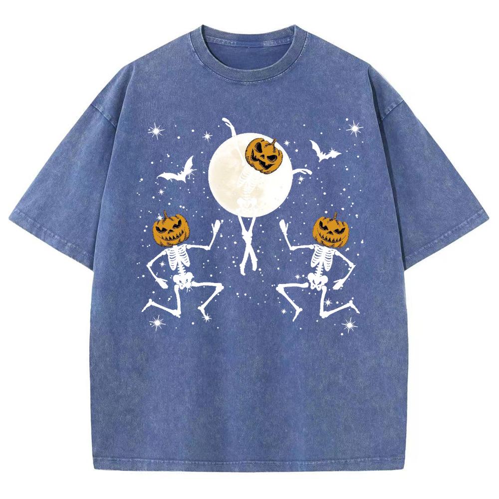 Halloween Pumpkin Skull Print Women's Wash T-Shirt Oversized Couple Short Sleeve Funny Design Top