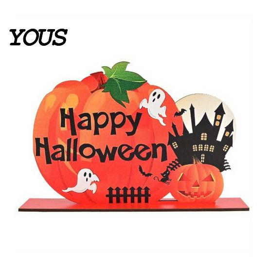 Spooky Theme Party Supplies Halloween Pumpkin Wooden Table Centerpiece, Creative Haunted House & Ghost Scenery Props Desktop Ornament for Dining
