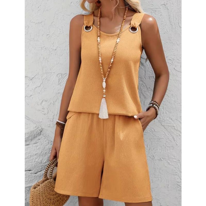 Western Spring Summer Fall New Solid Color Craft Fabric Double Pocket Sleeveless Top and Shorts, Vacation Style Elegant Casual Set