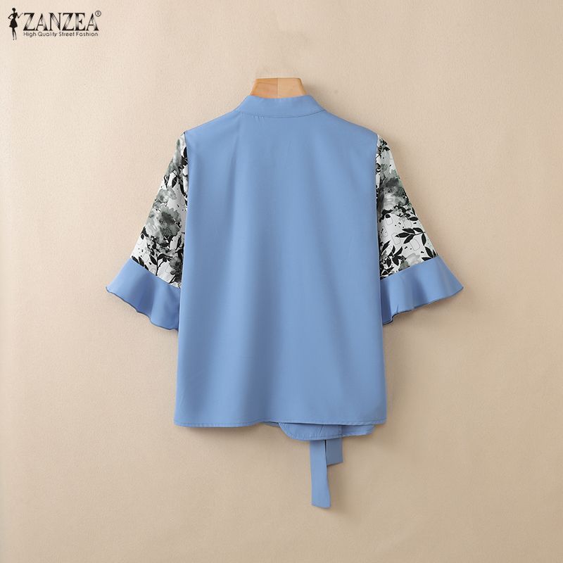 ZANZEA Women Casual Stand Collar Print Splice Half Sleeve Loose Blouse