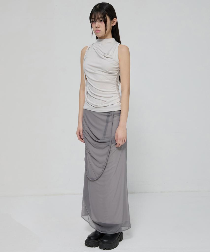 Peulleeoeob Draped Mesh Layered Long Skirt (Fl-264_Gray)