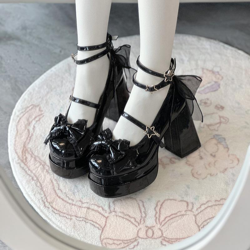 Platform High Heel Women Lolita Shoes Shallow Butterfly-knot Shoes Ladies Party Dress Cross Strap Pumps Shoes