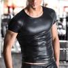 O-Neck Short Sleeve Elastic Men T-shirt Stage Performance Faux Leather Tee Shirt Clubwear