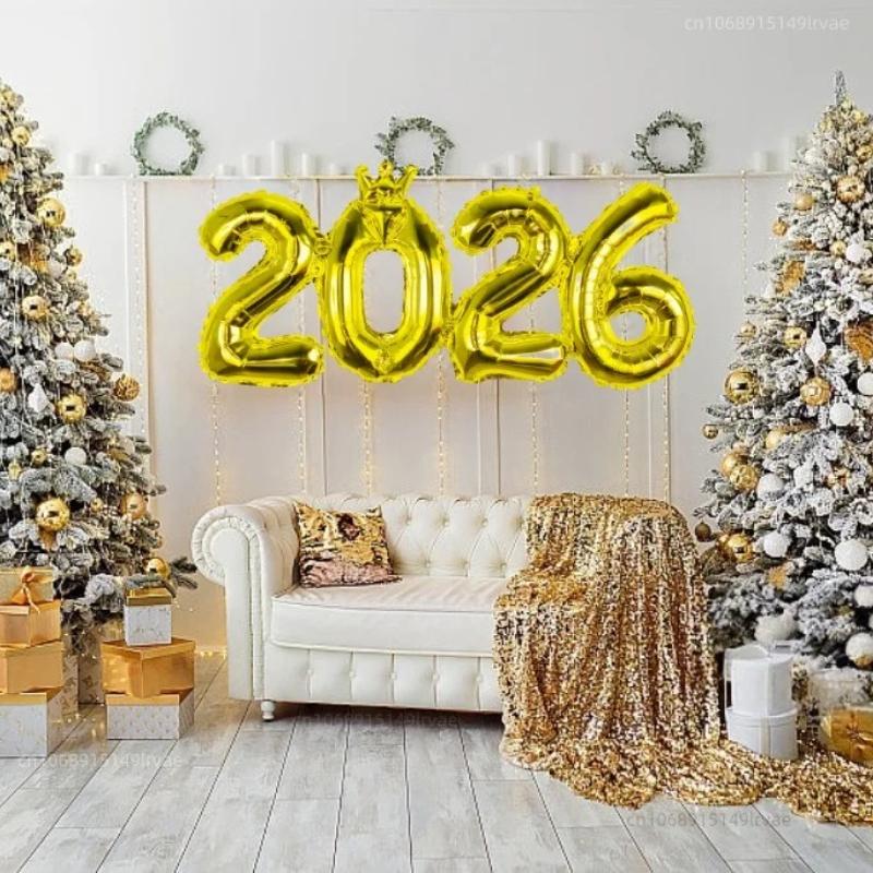 2026 Gold Crown Foil Number Balloons for 2026 New Year Christmas Eve Festival Party Supplies Decorations Christmas Home Decor