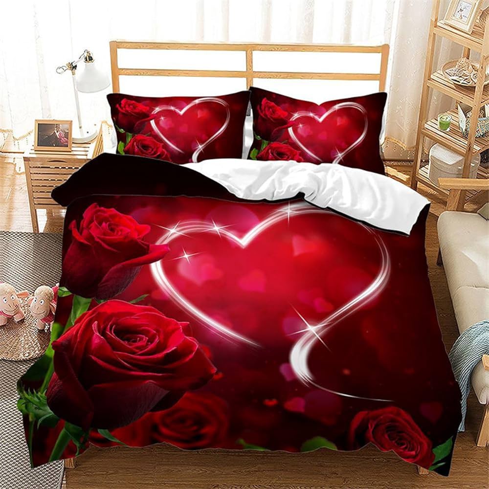 Rose Duvet Cover Queen,Romantic Floral Bedding Set for Girls Couple,Blossom Flowers Quilt Cover, Valentine's Day Bedspread Cover