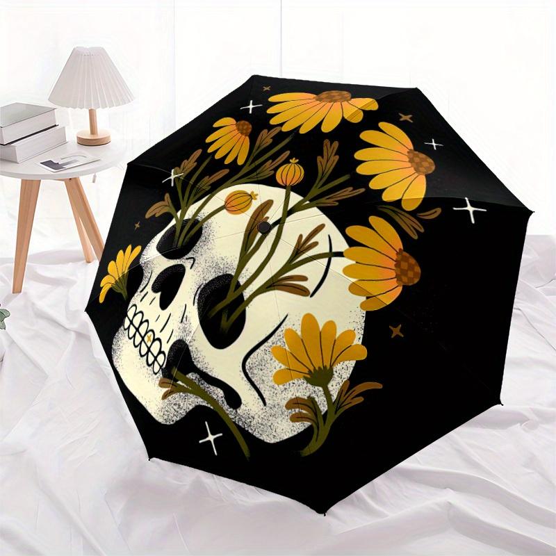 1pc Skull Flowers Auto Open/Close Leisure Umbrella, Portable Folding Umbrella for Travel, Themed Events, It Is Suitable As a Gift for Various Festival