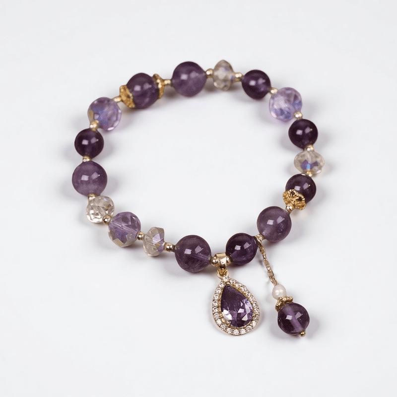 Mode Paarse Kristallen Kralen Armbanden voor Vrouwen Ronde Kralen Paars Klavertje Vier Hanger Armband Geluk Stretch Handketting Sieraden voor Bruiloft