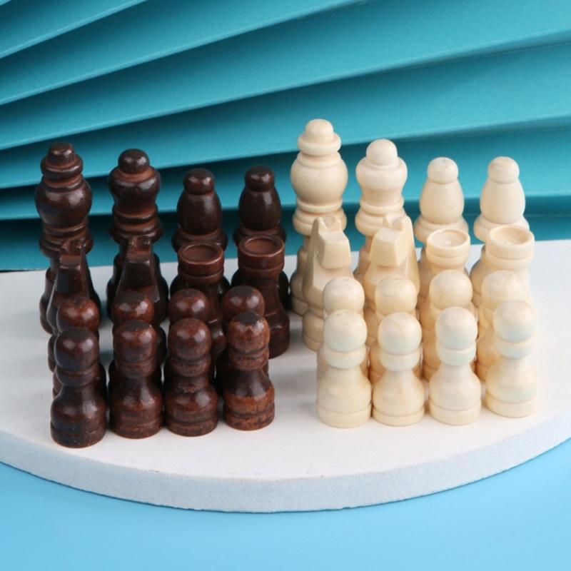 32 Pcs Portable Chess Pieces International Chess Figures Wooden Hand Carved Tournament Chessmen for Adults or Children