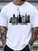 Men's Summer 100 Cotton Fashionable Casual Loose Large New York City Landscape Printed Round Neck Short Sleeve T-shirt Top