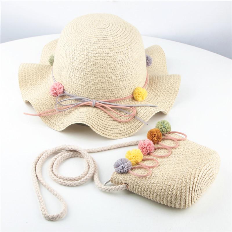Children's Sunshade Fisherman Hat Summer Seaside Weave Children Straw Hat + Bag Girls Beach Sunscreen Hat Children Bag Gift