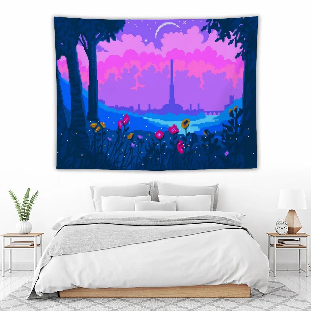 Pixel Art Landscape Wall Tapestry Anime Fabric Wall Hanging Art Tapestry Multiple Size Options for Room Decor