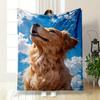 A Golden Retriever's Detailed Fur Against a Vibrant Blue Sky with Clouds. for All Seasons Blanket Lunch Break Throw Gift