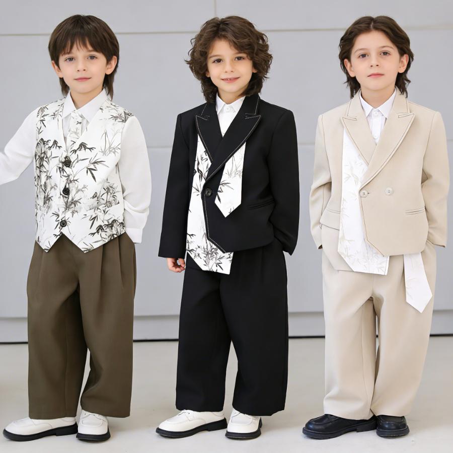 Ensemble Costume Style Chinois pour Garçon Blazer Gilet Pantalon Chemise Imprimé Bambou pour Mariage Anniversaire Shooting Photo Tenue Formelle d'École pour Enfants
