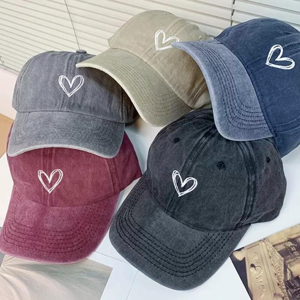 Nouvelle Casquette de Baseball Lavée pour Femme Cœur d'Amour Chapeaux Vintage Casquette Casual Réglable Protection Solaire pour Femme Streetwear Extérieur Casquette Papa