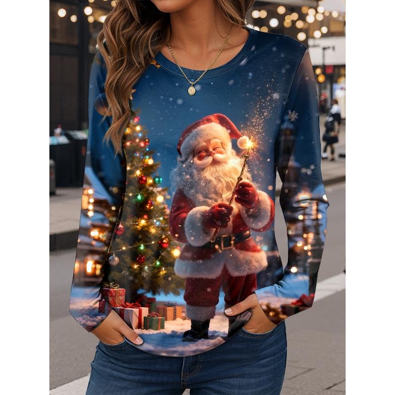 Weihnachten Damen T-Shirt Grafik Weihnachtsmann Vintage Mode Stilvoll Langarm Rundhals Regulär Oberteile Täglich Wochenende